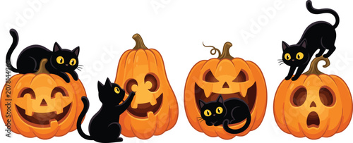 Happy halloween silhouette of black cats and pumpkins