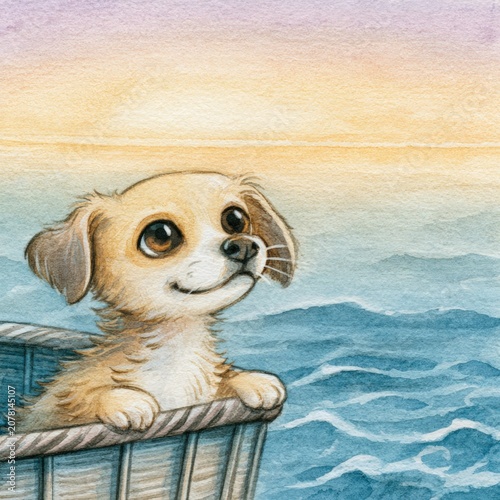 Cute dog in a wooden boat looking at the sunset over the ocean
