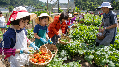 Fototapeta 農園で野菜を収穫して料理を学ぶ子供たち