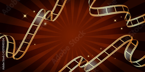 Quadro em tela Festive film banner with shiny golden curved filmstrips