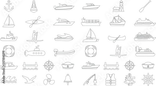 Canvastavla Nautical themed line art icons including boats anchors and life preservers silho