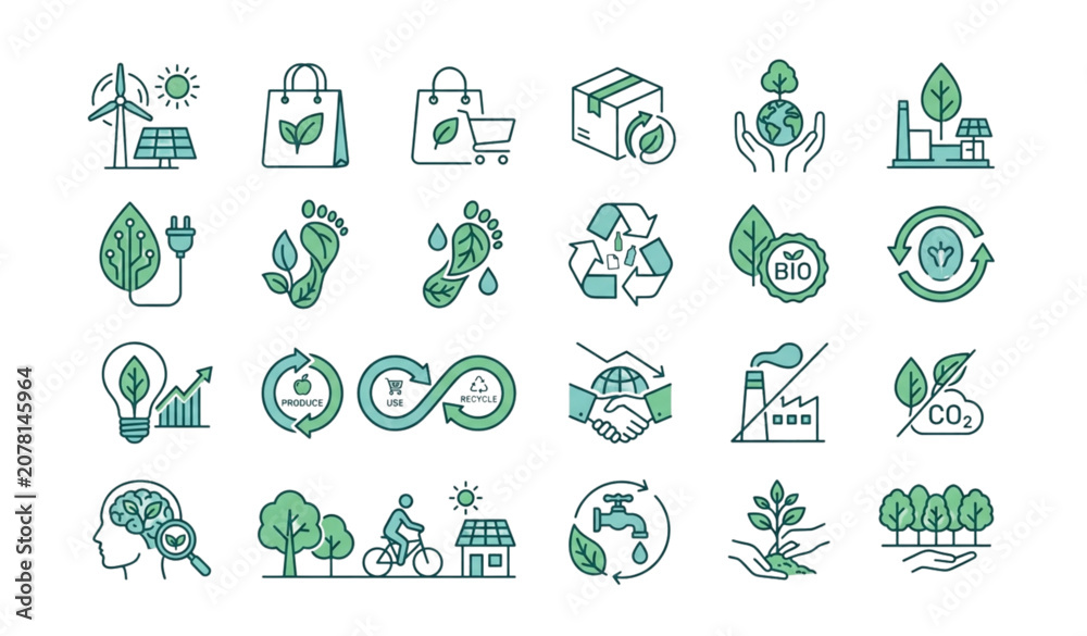 Fototapeta premium Eco Sustainability Duotone Outline Icon Set for Green Lifestyle and Renewable Energy