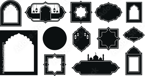 Quadro su tela Collection of islamic archway and frame silhouettes on a white background silhou