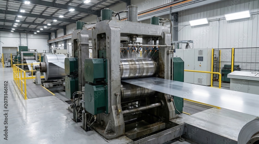Fototapeta premium Medium shot capturing wide metal coils progressing steadily through the cold rolling mill line as the machinery reduces thickness in a welllit immaculate processing environment.