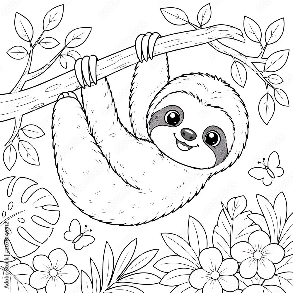 Obraz premium Cute Baby Sloth Hanging on Tree Branch Coloring Page for Kids