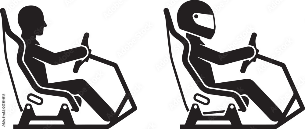 Obraz premium Two black silhouettes of racing drivers in seats with steering wheels and safety harnesses on a white background