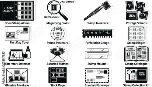 Canvastavla Stamp collecting and philately icons set vector with album magnifying glass twee