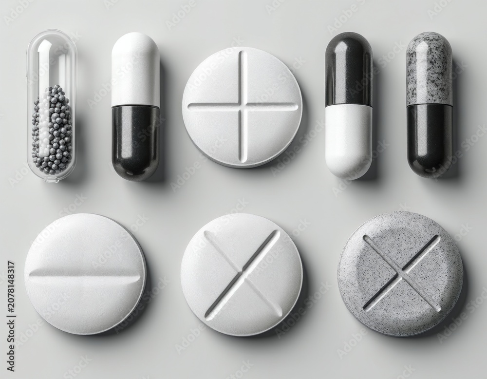 Fototapeta premium Assortment of pills and capsules. Various forms, colors, and textures displayed on a plain background. Medicine, health, and pharmacy objects shown from above.
