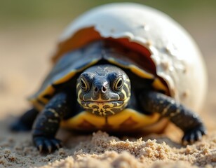 Newborn turtle emerges from its cracked eggshell on sandy ground. Tiny reptile with patterned skin and shell begins its life journey in the wild.