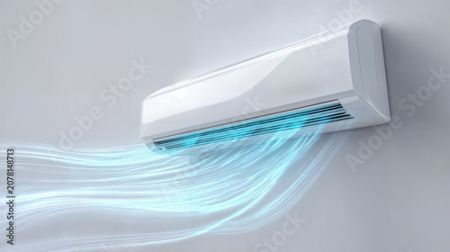An air conditioner with cold air flows and efficient climate control on a white