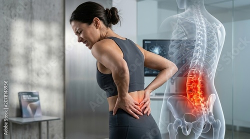 Human suffering symptom: feel pain, lumbar vertebra, nerve compression, disc disorder, spinal degeneration, endure discomfort, seek therapy, acute chronic.