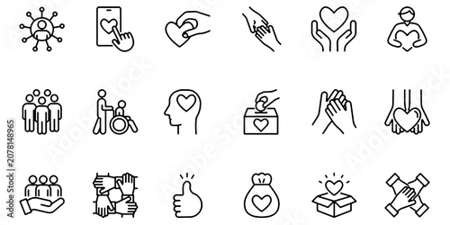 Fényképezés Volunteer Community Care Charity Line Icons Set Editable Vector Illustration Isolated on Transparent Background