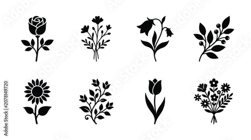 Set of black flower and plant icons including rose sunflower tulip and various floral bouquets