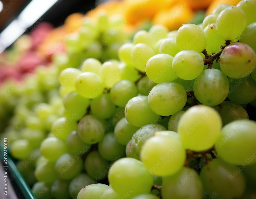 Fototapeta premium Bunches of fresh green grapes fill a market stall display. Brightly lit fruit offers a healthy snack choice. Natural produce ready for sale.