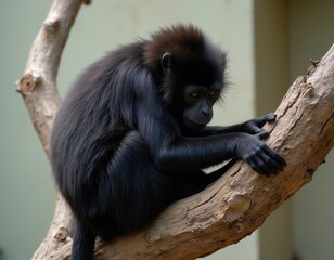 Black woolly monkey sits on tree branch. This primate with dark fur and orange eyes rests on a rough textured limb looking down. It is a rare species, native to Asia.