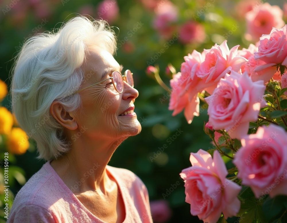 Fototapeta premium Elderly woman with white hair smiles smelling pink roses in a sunlit garden. She enjoys nature and flowers in her leisure time. Lady loves roses. Retirement hobby.
