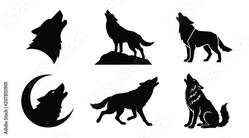 Set of black wolf silhouettes howling at the moon and running in different poses