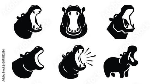Set of black silhouette hippo head icons with open mouths in various poses