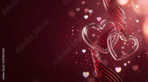 Romantic background with two glass hearts and swirling red ribbons for Valentine's Day