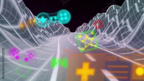 Scene starting, winding two-lane road moving, wireframe hills, icons sliding, creating travel feel