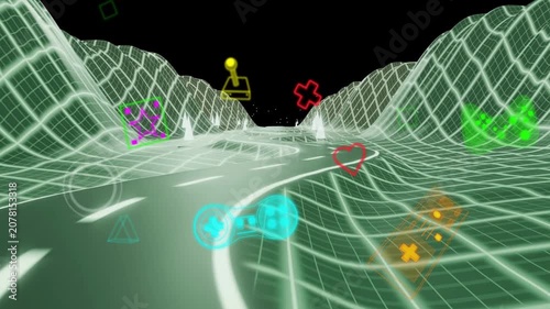 Timeline advancing, camera gliding along neon road, bringing glyphs closer, showing retro vibe