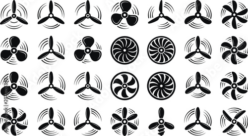 Photography Propeller and fan blade vector icon set featuring airplane rotors turbine engine