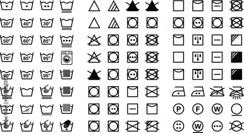 Quadro su tela Laundry care instructions vector icon set featuring washing machine drying ironi