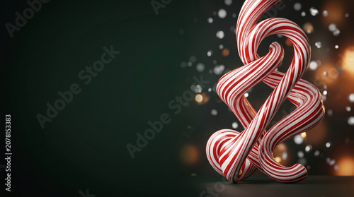 Festive holiday background with swirling red and white candy cane stripes on dark backdrop