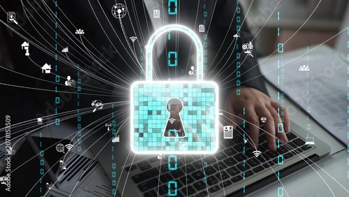 Foto This image represents the concept of digital security through a glowing padlock surrounded by data protection symbols