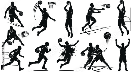 Fotografie Basketball player silhouette vector set featuring slam dunks dribbling shooting