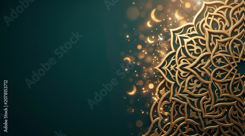 Ramadan Kareem background with ornate golden mandala pattern and glowing crescent moon bokeh