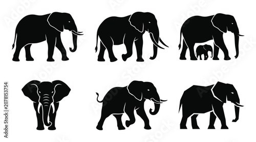 Set of black elephant silhouettes in various walking and standing poses