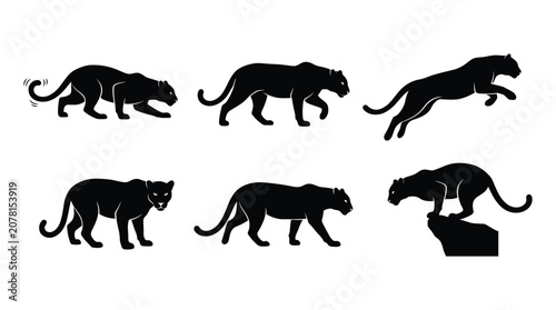 Black panther silhouettes showing different poses and movements in a collection set