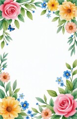 Watercolor floral border with pink roses yellow daisies and blue flowers. Green leaves and a butterfly create a natural frame. Empty white space in center for text.
