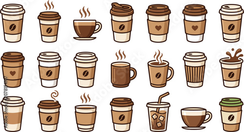 Foto Coffee cup vector icons set featuring disposable paper cups mugs iced coffee and