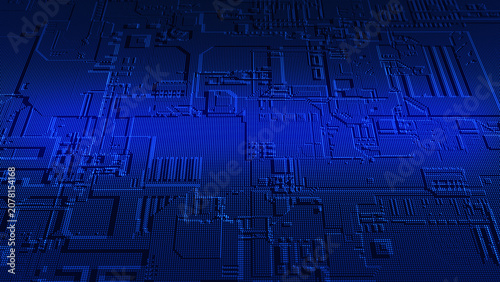 A technological background of thousands of glowing dots forms a complex circuit and electronic components reminiscent of a microchip or circuit board.