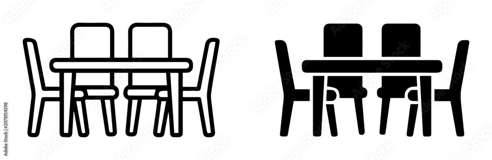 Fototapeta premium 2 Dining table and chairs icons, outline solid styles, UI and web interface design