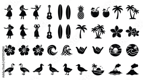 Set of black tropical hawaii icons with hula dancers surfboards palm trees and flowers