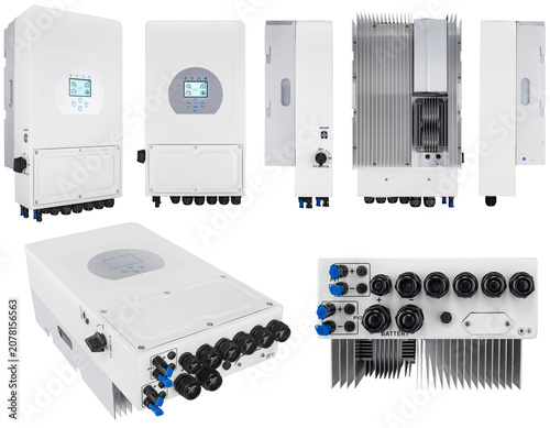 White wall-mounted voltage converter for large-scale alternative energy systems.