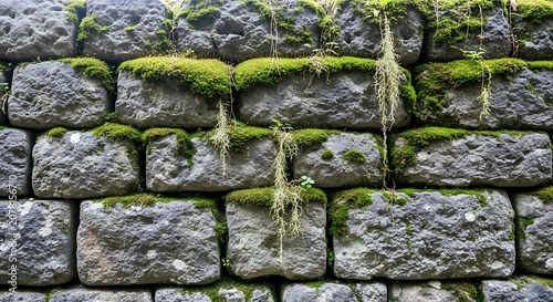 Moss and Water Dripping Over Ancient Stone Wall.