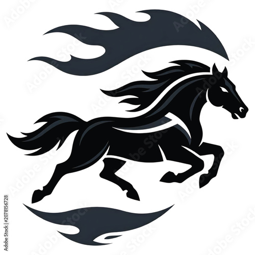 A black horse runs swiftly with flowing mane and tail surrounded by dynamic curved flames in a powerful motion.