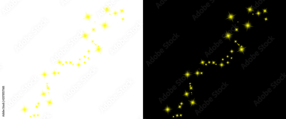 Fototapeta premium Golden sparkling stars trail on black and white background, magical glowing dust particles, shimmering yellow light effect for festive design overlays