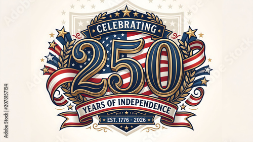 Celebrating 250 years of Independence vintage badge design with ribbons and stars