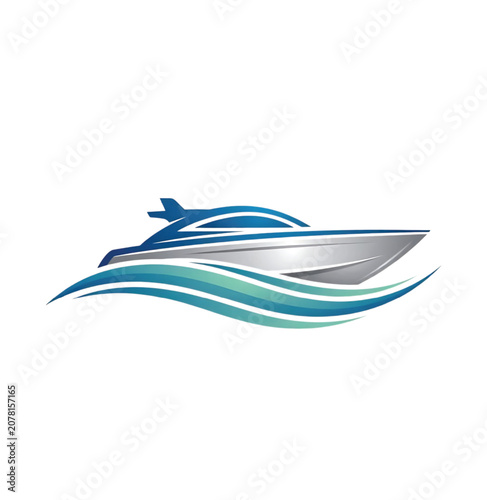 A sleek silver speedboat glides across calm blue waves on a sunny day with clear water.