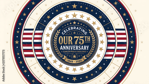 Our 75th Anniversary classic circular emblem with corporate navy and dark red stripes