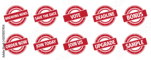 Red Circular Badge Labels Set – Promotional Sale Stickers, Call to Action Tags, Marketing Stamp Collection