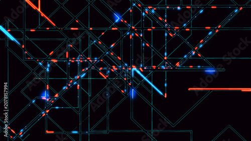 A complex network, a public transportation map. A colorful metro map, a railway map, a digital network with intersecting lines and neon nodes on a dark background. Pipeline diagram.