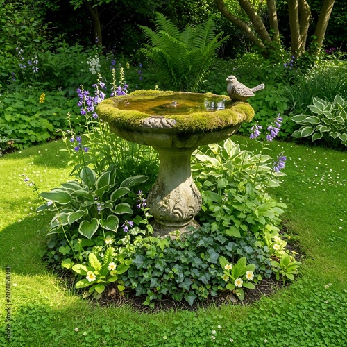 Serene Garden Bird Bath with Lush Greenery.