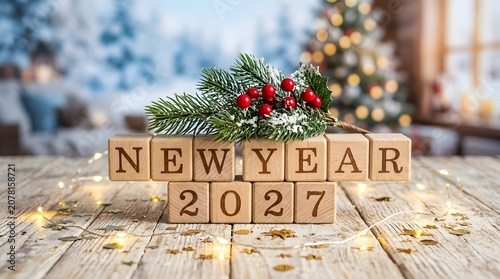 New year 2027 wooden blocks with pine and berries. New year holiday background.  wooden cubes of the number 2027 with a New Year Christmas tree and bright glowing lights.