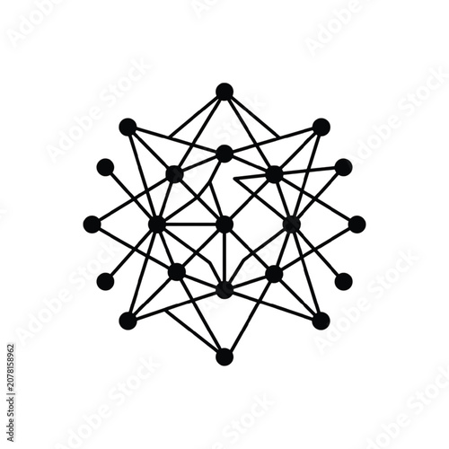 A complex network illustration of interconnected nodes and lines forming a geometric pattern on a plain background.